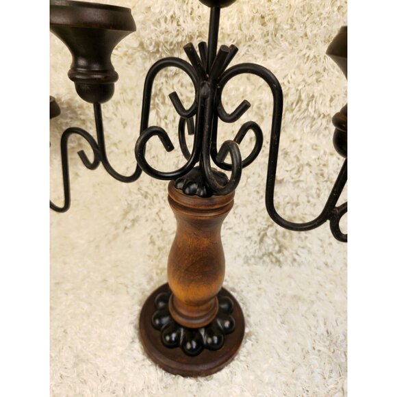 Vintage Wooden & Metal 5-Arm Candelabra Candle Holder With Intricate Design - Picture 8 of 12